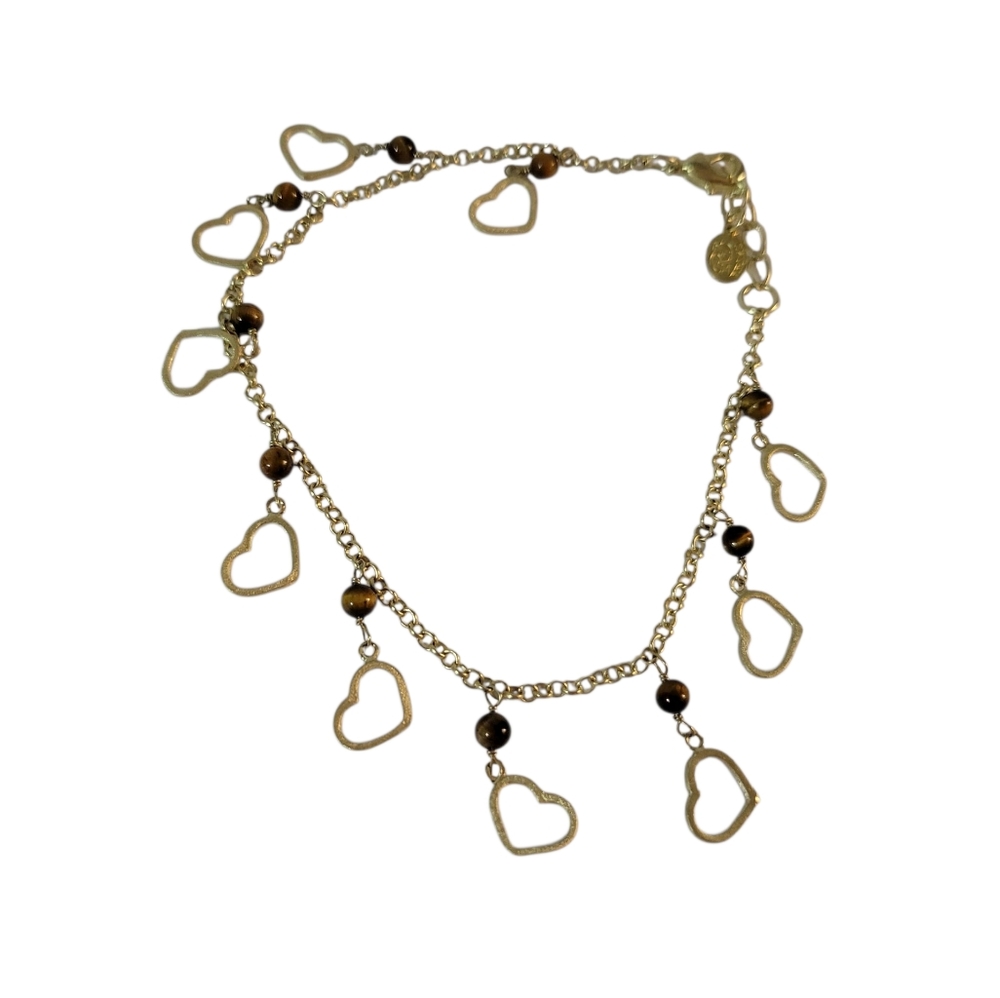 RL Brazil Open Heart Tiger Eye Anklet Bracelet Goldtone
